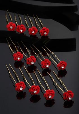 Women Gold Toned And Red Rose Embellished U Pins