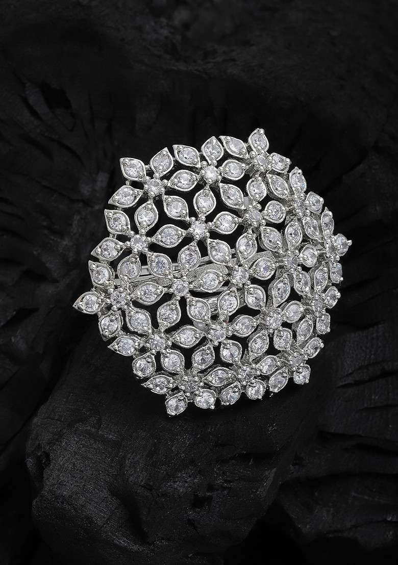 Silver Plated White Solitaire CZ Studded Adjustable Finger Ring - Indya