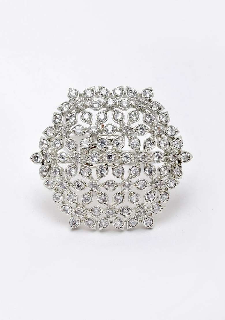 Silver Plated White Solitaire CZ Studded Adjustable Finger Ring - Indya