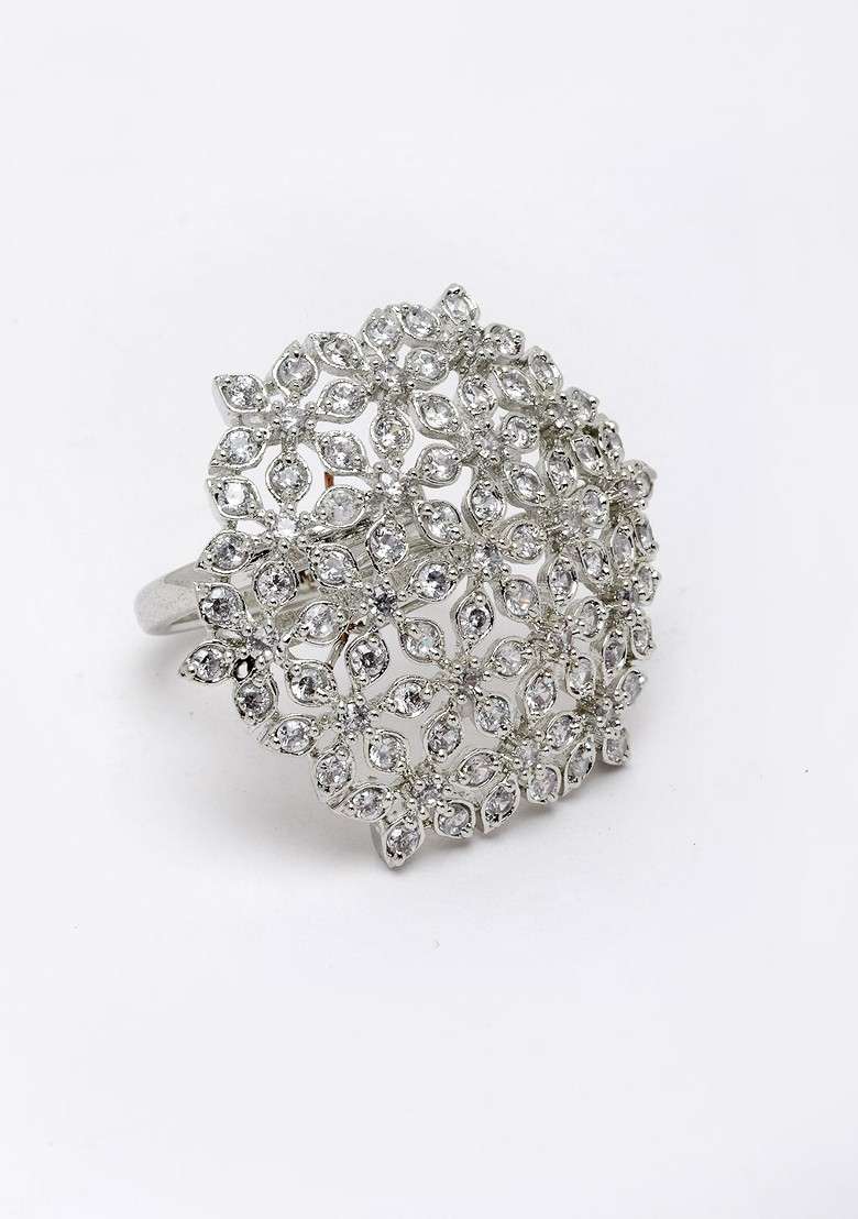 Silver Plated White Solitaire CZ Studded Adjustable Finger Ring - Indya