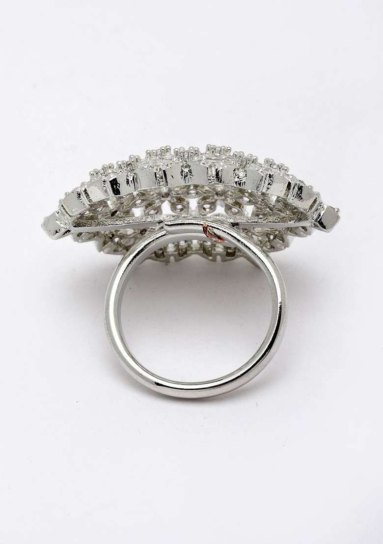 Silver Plated White Solitaire CZ Studded Adjustable Finger Ring - Indya