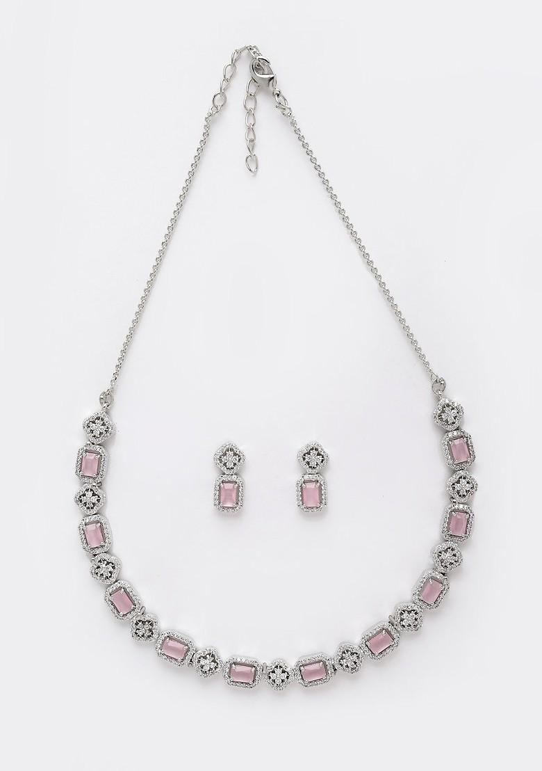 Women Rhodium Plated Silver Toned And Pink AD Studded Jewellery Set