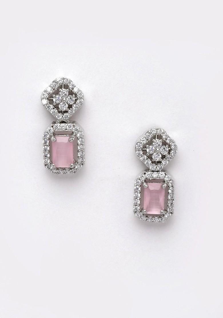 Women Rhodium Plated Silver Toned And Pink AD Studded Jewellery Set