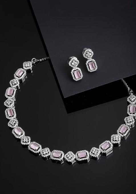 Women Rhodium Plated Silver Toned And Pink AD Studded Jewellery Set