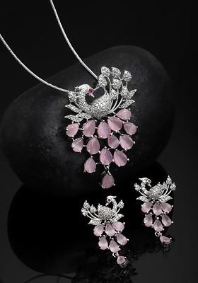 Women Silver Plated White And Pink CZ Stone Studded Jewellery Set