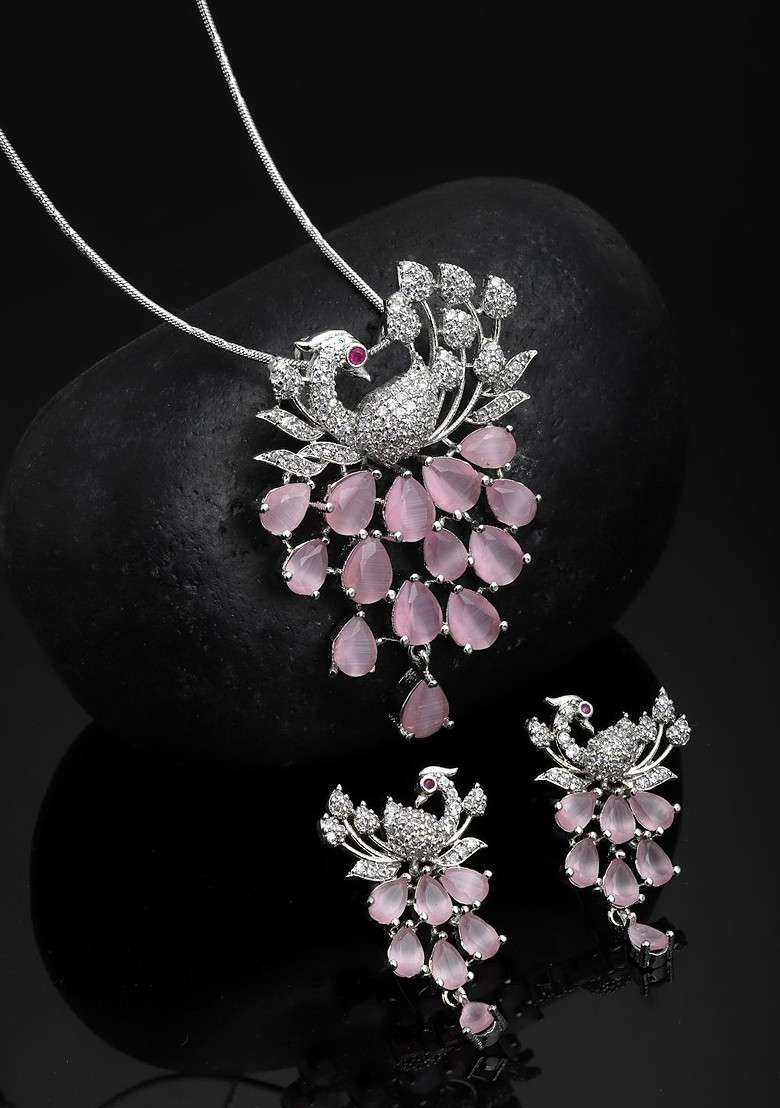 Women Silver Plated White And Pink CZ Stone Studded Jewellery Set - Indya