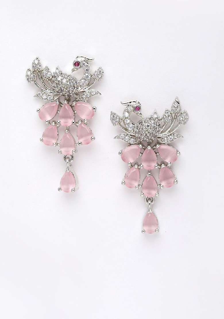 Women Silver Plated White And Pink CZ Stone Studded Jewellery Set - Indya
