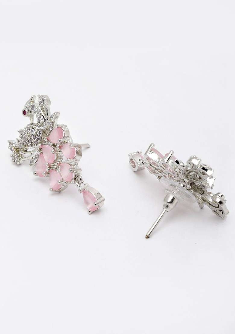 Women Silver Plated White And Pink CZ Stone Studded Jewellery Set - Indya
