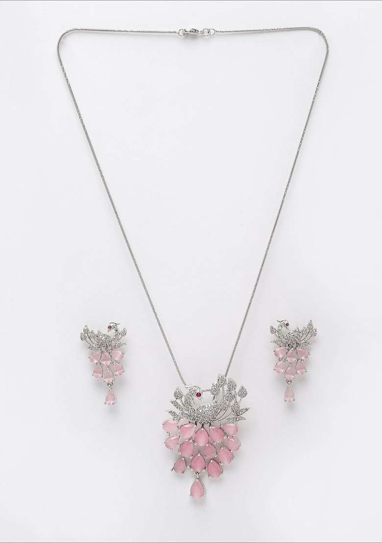 Women Silver Plated White And Pink CZ Stone Studded Jewellery Set - Indya