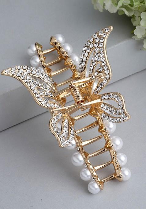 Women Gold Toned And White Embellished Claw Clip