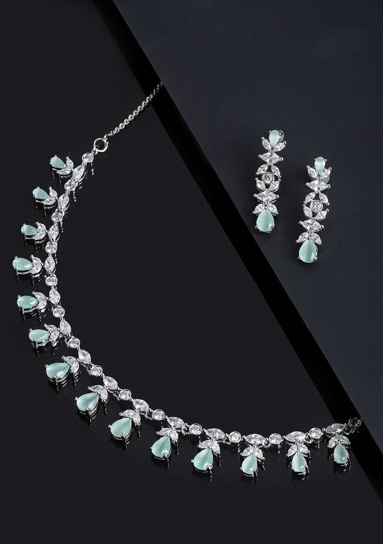 Women Rhodium Plated AD Studded Single Line Sleek Jewellery Set - Indya