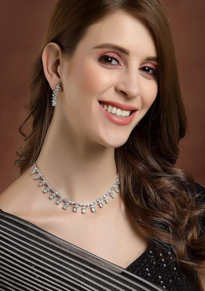 Women Rhodium Plated AD Studded Single Line Sleek Jewellery Set - Indya