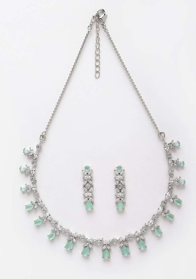 Women Rhodium Plated AD Studded Single Line Sleek Jewellery Set - Indya