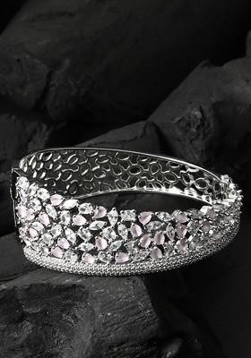 Women Silver Toned And White Brass Cubic Zirconia Handcrafted Rhodium Plated Bangle Style Bracelet