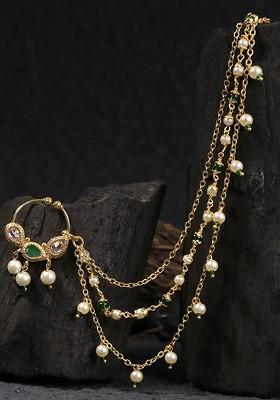 Gold Plated Green Stone Studded And Bead Chained Nose Ring