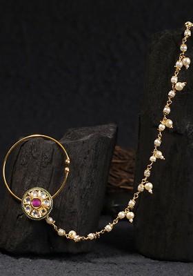 24 CT Gold Plated Kundan Studded And Bead Chained Nose Ring