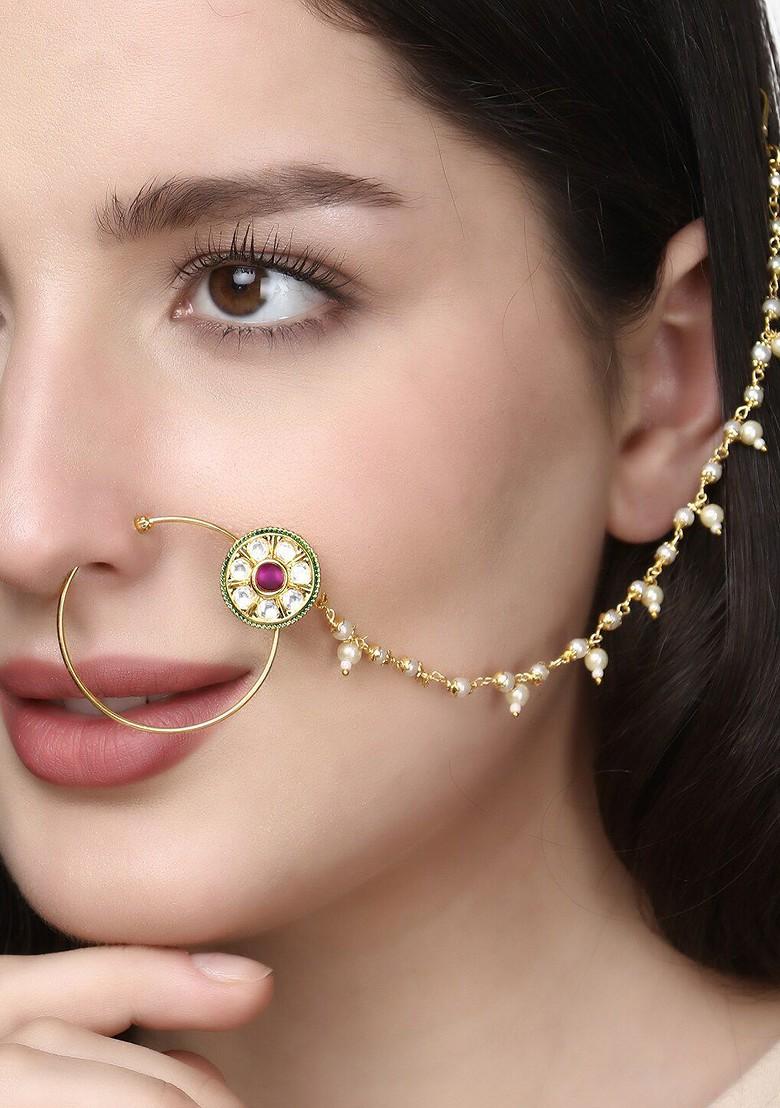 24 CT Gold Plated Kundan Studded And Bead Chained Nose Ring