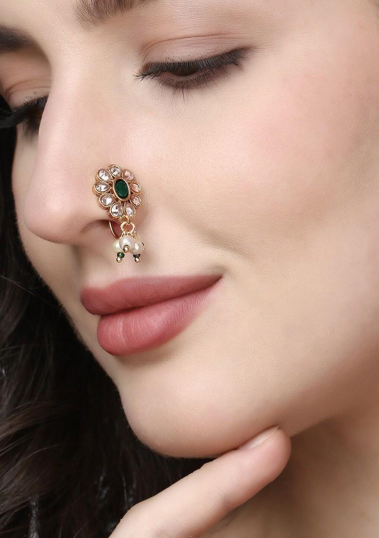 Gold Plated Green Stone Studded Nose Pin