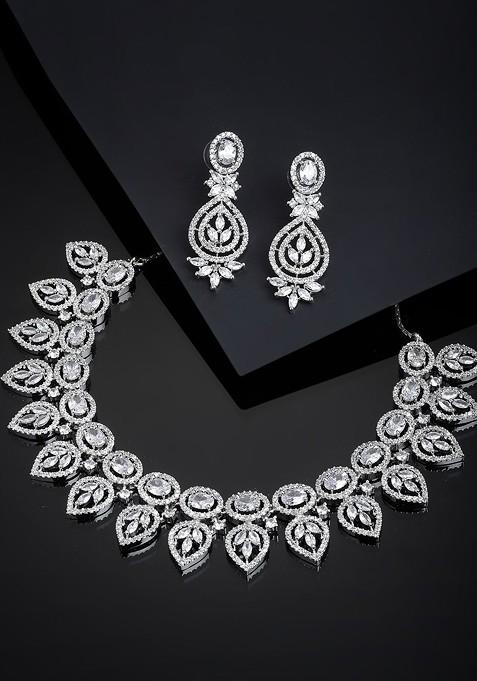 Rhodium Plated White American Diamonds Studded Handcrafted Jewellery Set