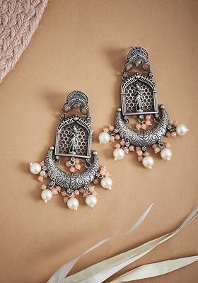 Silver Toned And White Contemporary Drop Earrings