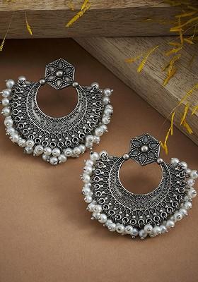 Oxidised Silver Plated White German Silver Chandbalis Earrings