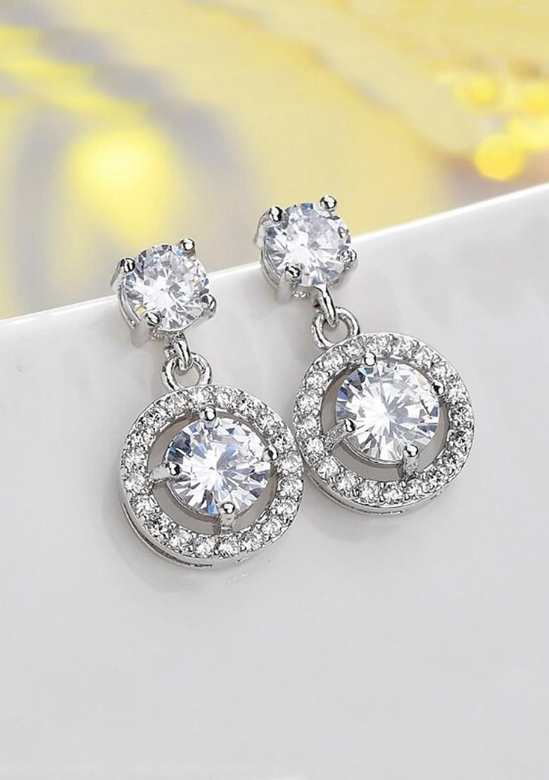 Buy Women White Crystal Silver Toned Glamour Spark Drop Earrings