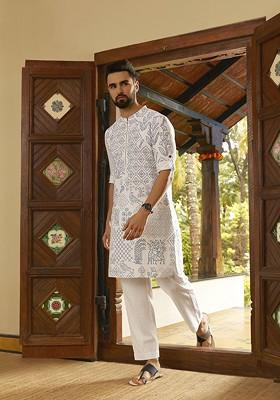 Men White Bandhani Printed Kurta With Trousers