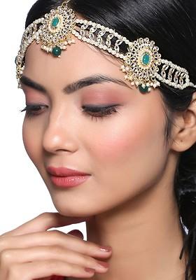 Gold Plated Green And White Kundan Studded And Beaded Matha Patti