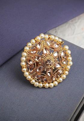 Gold Plated White Stone Studded And Beaded Finger Ring