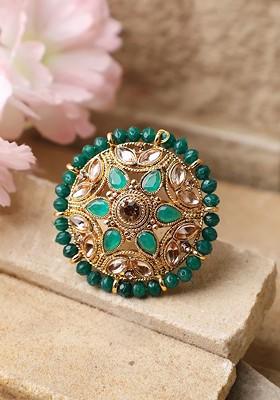 Gold Plated White And Green Stone Studded And Beaded Adjustable Finger Ring