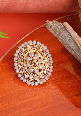 Gold Plated Grey And White Stone Studded And Beaded Handcrafted Adjustable Finger Ring