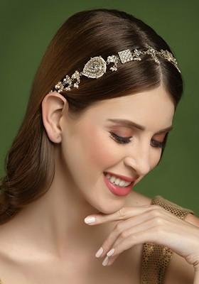 Women Gold Toned And White AD Embellished Studded Head Chain
