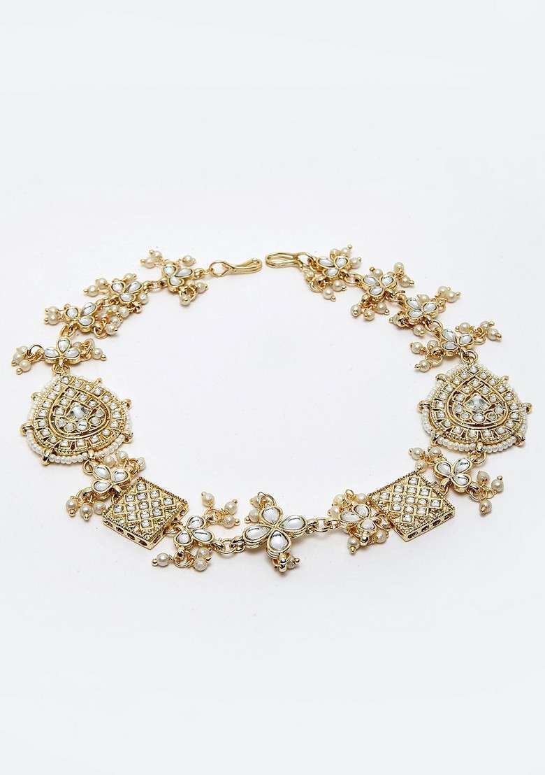 Women Gold Toned And White AD Embellished Studded Head Chain - Indya