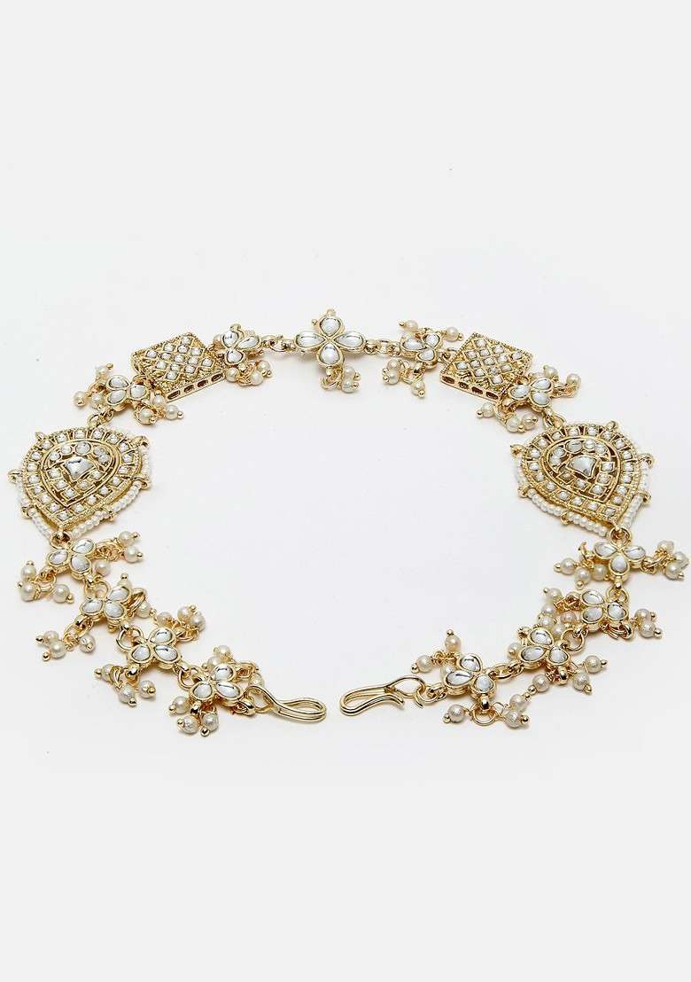 Women Gold Toned And White AD Embellished Studded Head Chain - Indya