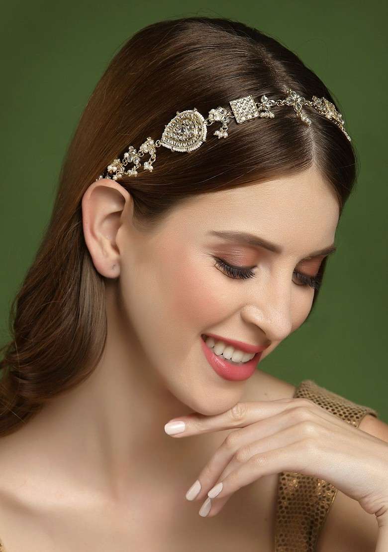 Women Gold Toned And White AD Embellished Studded Head Chain - Indya