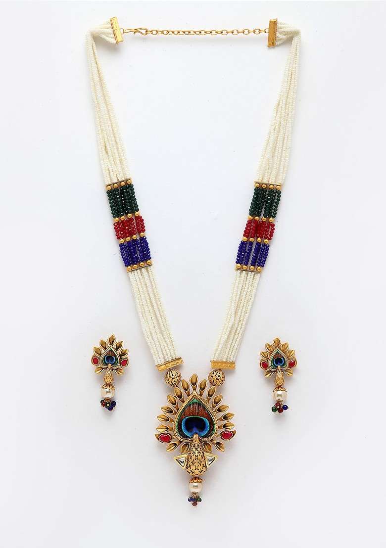 Gold Plated White And Red Stone Studded And Pearl Beaded Jewellery Set - Indya