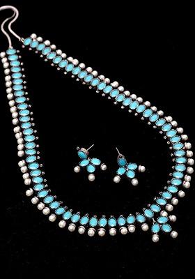  Silver Plated Turquoise Blue Stone Studded And Beaded Jewellery Set