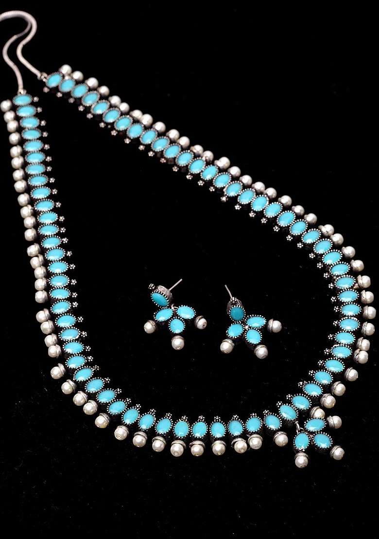  Silver Plated Turquoise Blue Stone Studded And Beaded Jewellery Set - Indya
