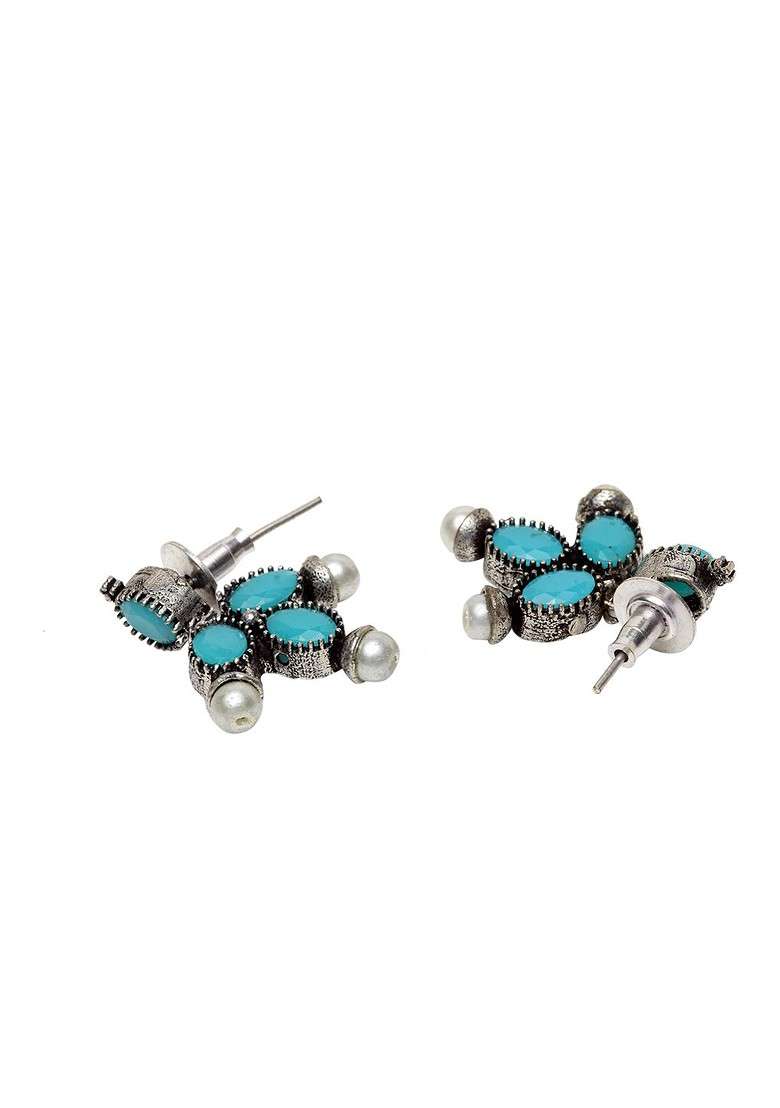  Silver Plated Turquoise Blue Stone Studded And Beaded Jewellery Set - Indya