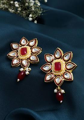 Gold Plated Kundan Floral Shaped Meenakari Drop Earrings