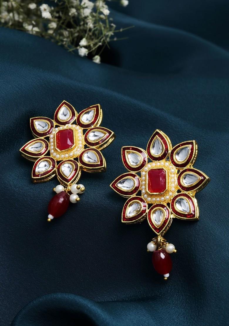 Gold Plated Kundan Floral Shaped Meenakari Drop Earrings - Indya