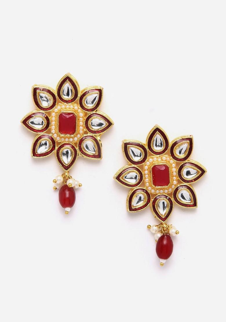 Gold Plated Kundan Floral Shaped Meenakari Drop Earrings - Indya