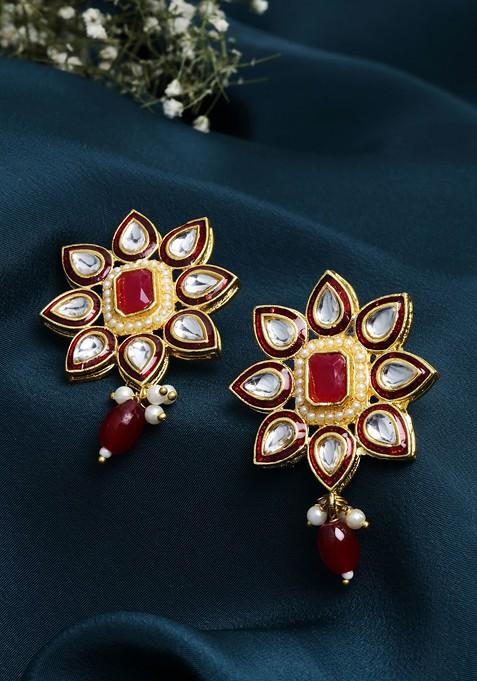 Gold Plated Kundan Floral Shaped Meenakari Drop Earrings