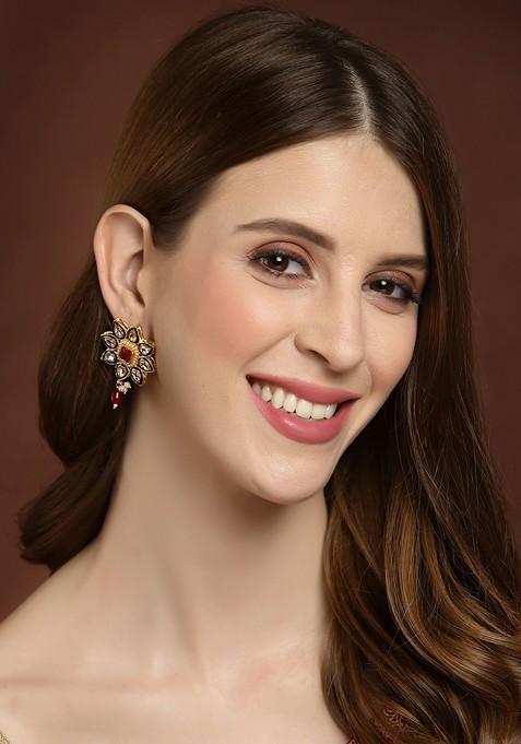 Gold Plated Kundan Floral Shaped Meenakari Drop Earrings