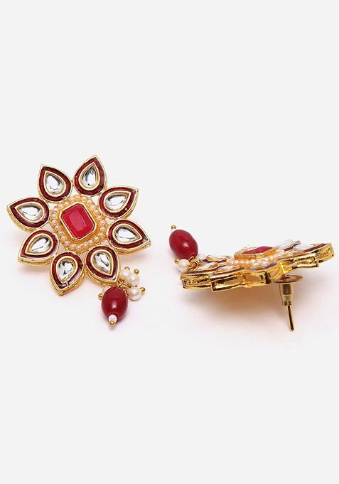 Gold Plated Kundan Floral Shaped Meenakari Drop Earrings