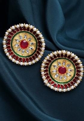 Women Gold Plated Kundan Oversize Circular Stud Earrings