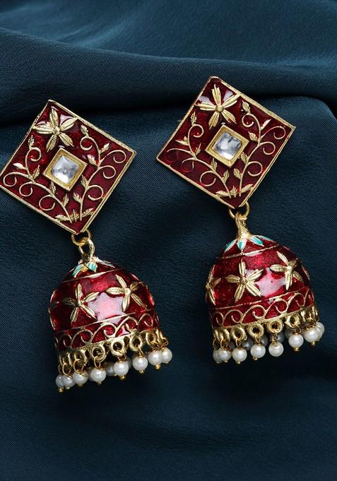 Women Red Gold Plated Kundan Dome Shaped Enamelled Jhumkas