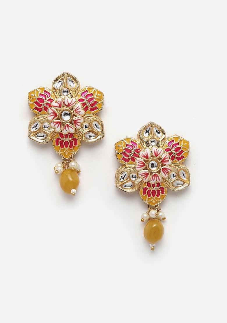 Women Gold Plated Kundan Floral Shaped Enamelled Drop Earrings