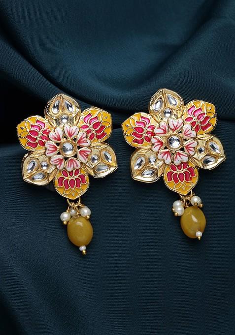 Women Gold Plated Kundan Floral Shaped Enamelled Drop Earrings