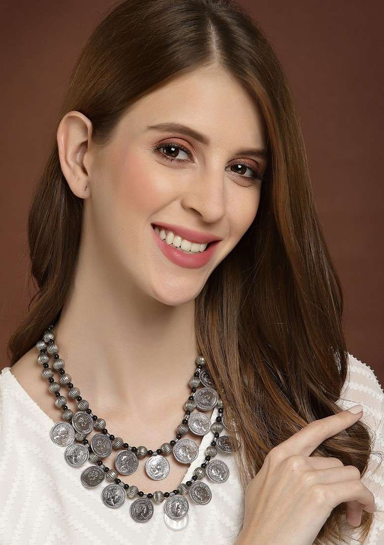Silver Plated German Silver Coin Oxidised Necklace - Indya